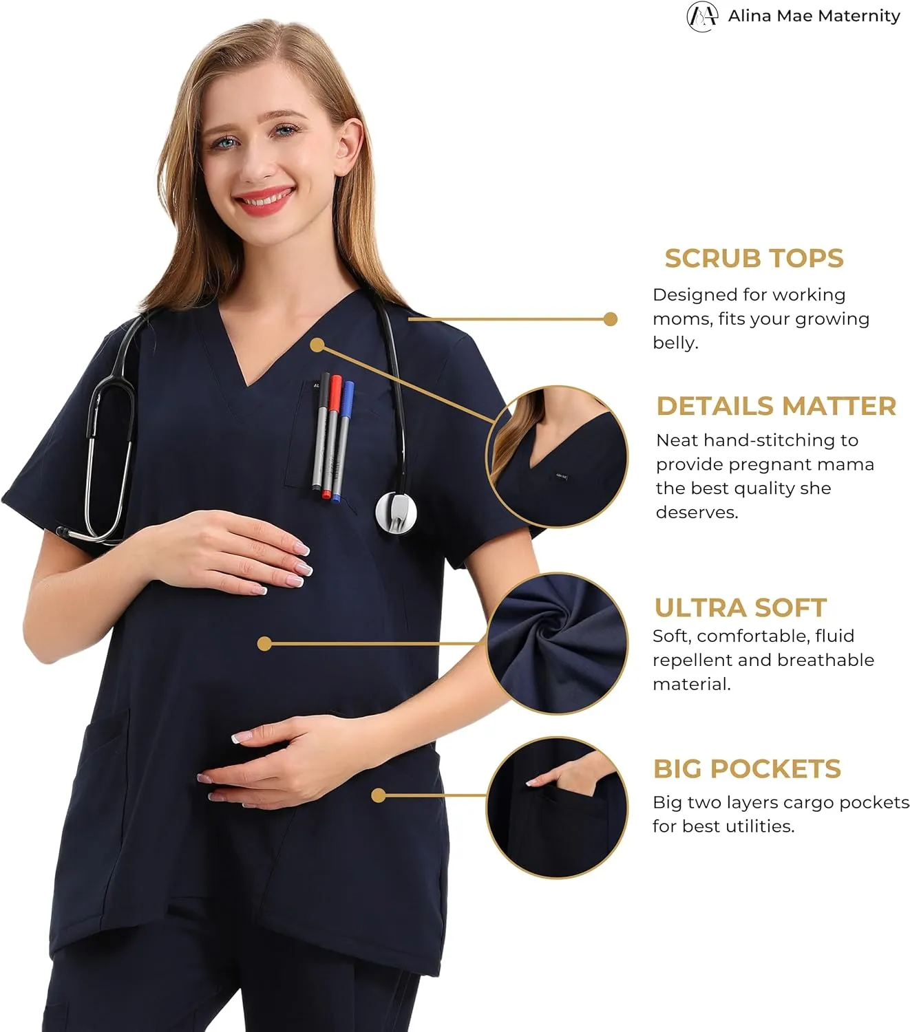 Maternity Scrubs Shirt for Women Doctor Uniform Short Sleeve Pregnant Nurse Scrub with Large Pockets
