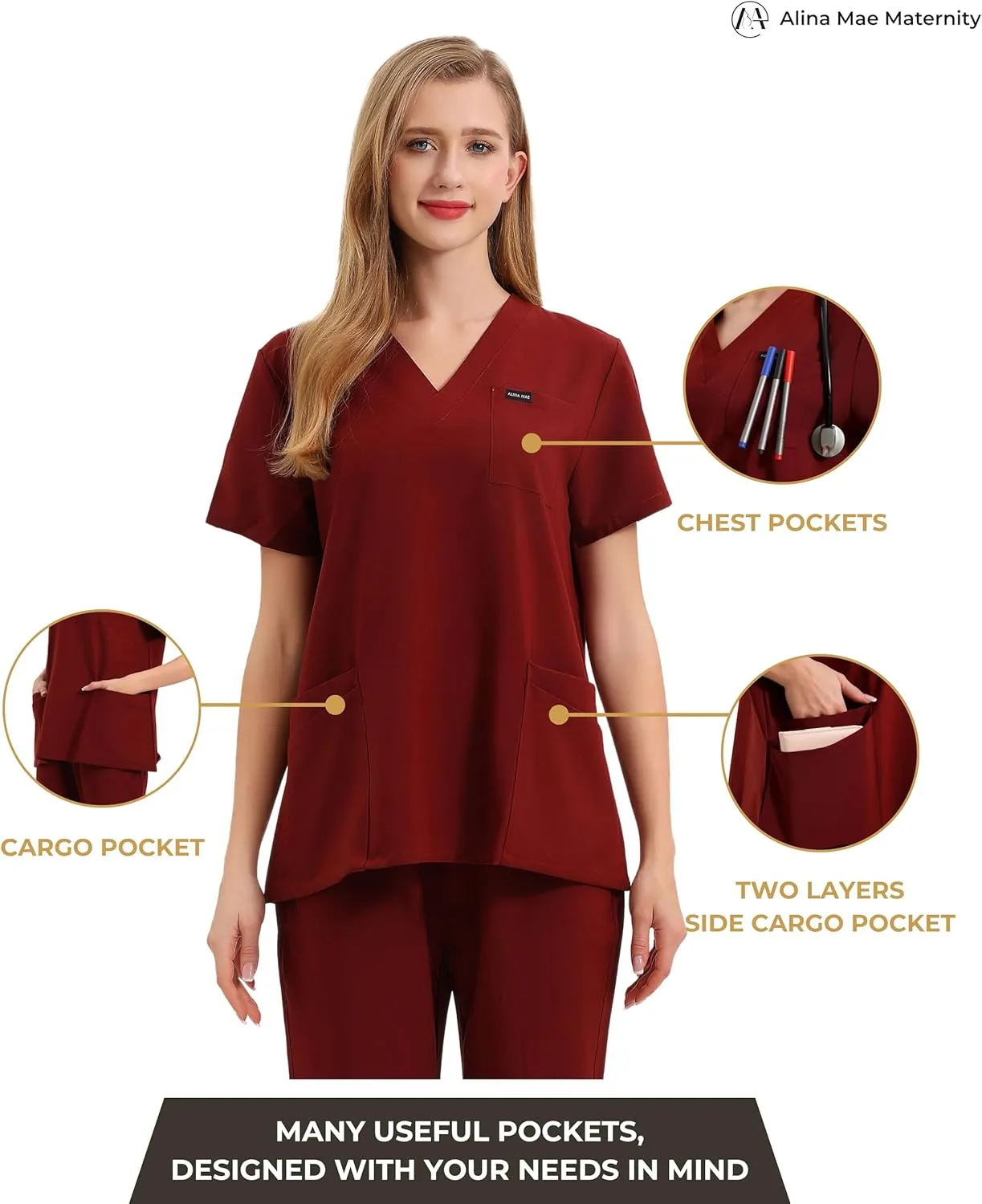 Maternity Scrubs Shirt for Women Doctor Uniform Short Sleeve Pregnant Nurse Scrub with Large Pockets