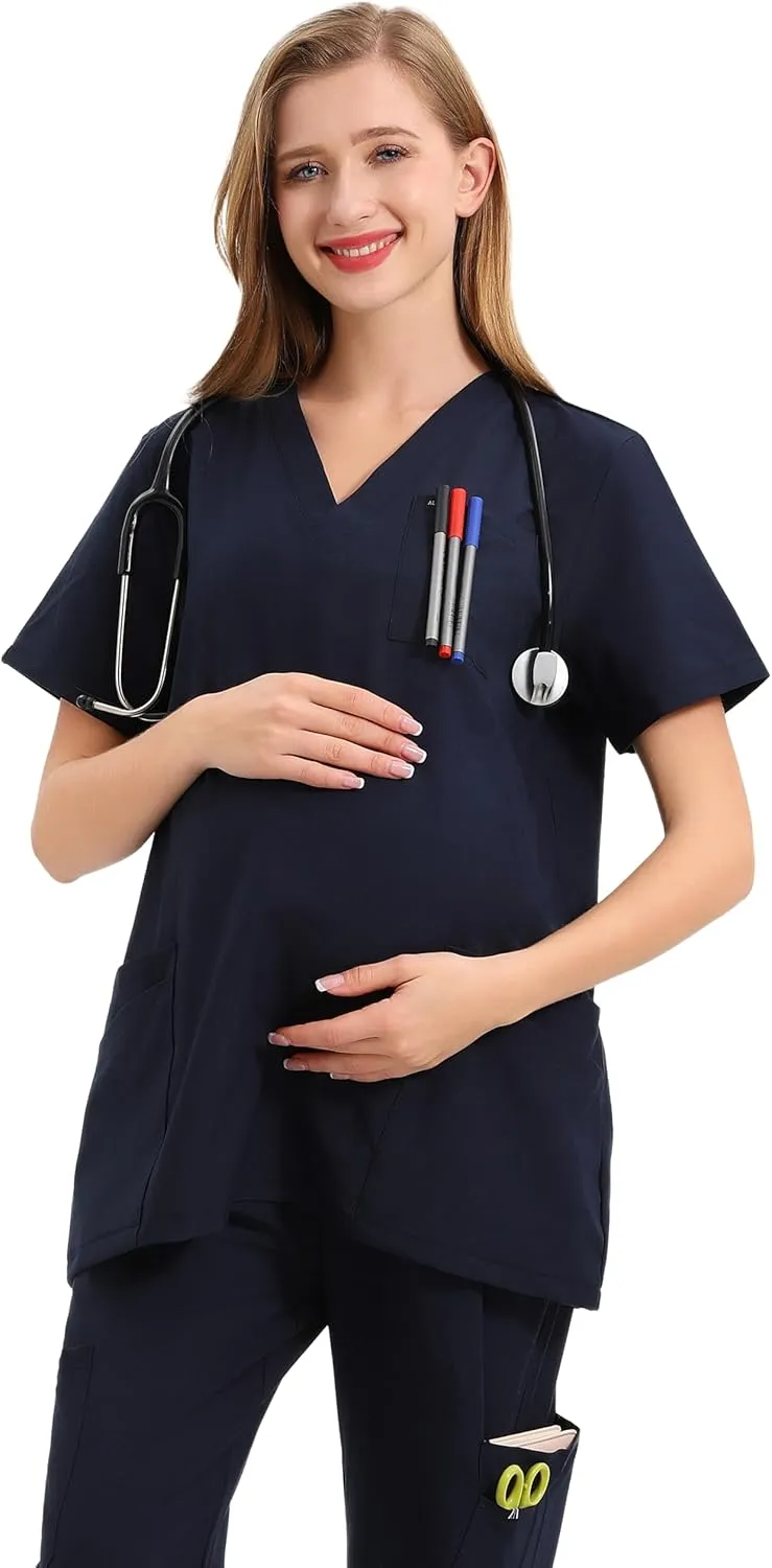 Maternity Scrubs Shirt for Women Doctor Uniform Short Sleeve Pregnant Nurse Scrub with Large Pockets