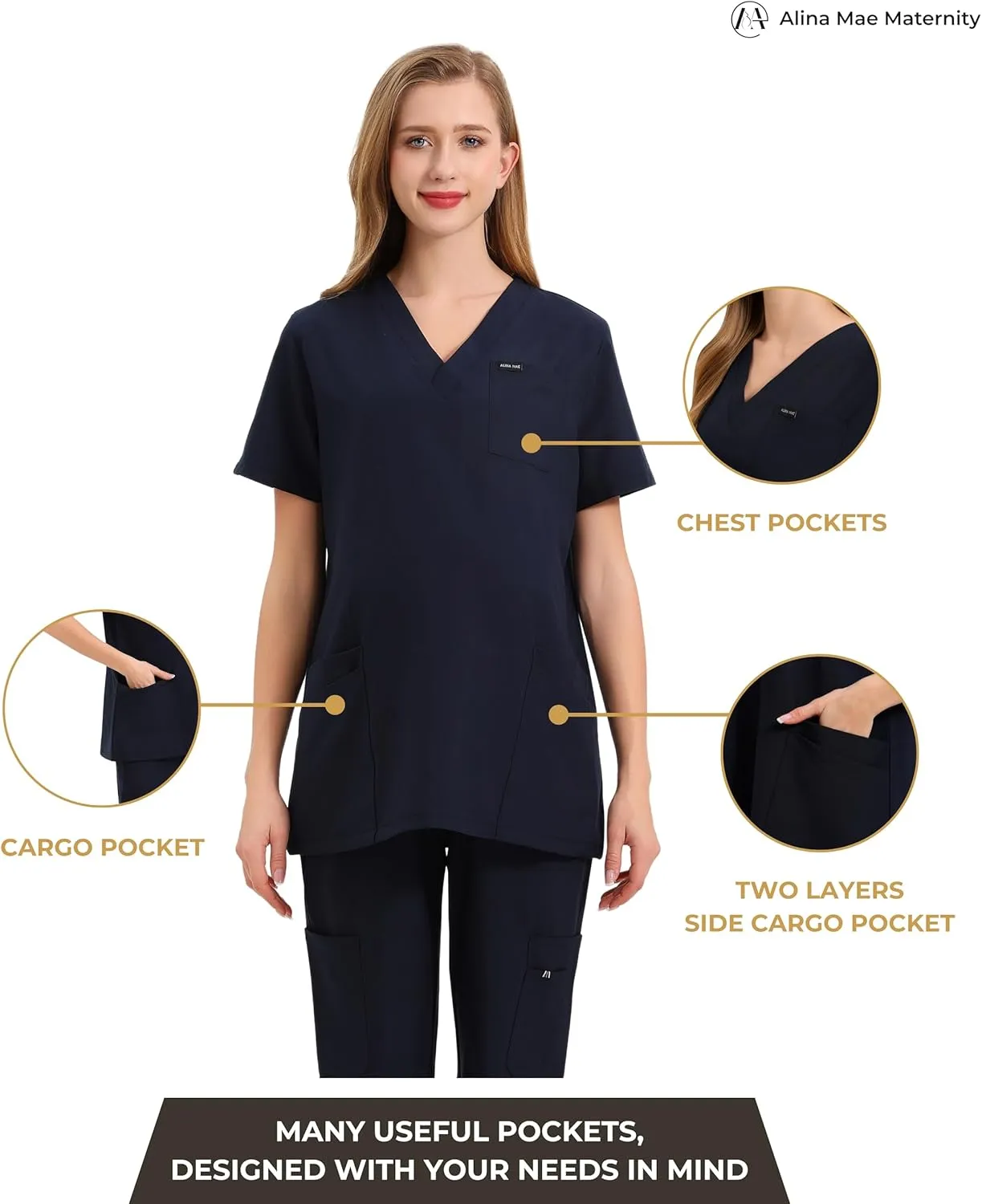 Maternity Scrubs Shirt for Women Doctor Uniform Short Sleeve Pregnant Nurse Scrub with Large Pockets