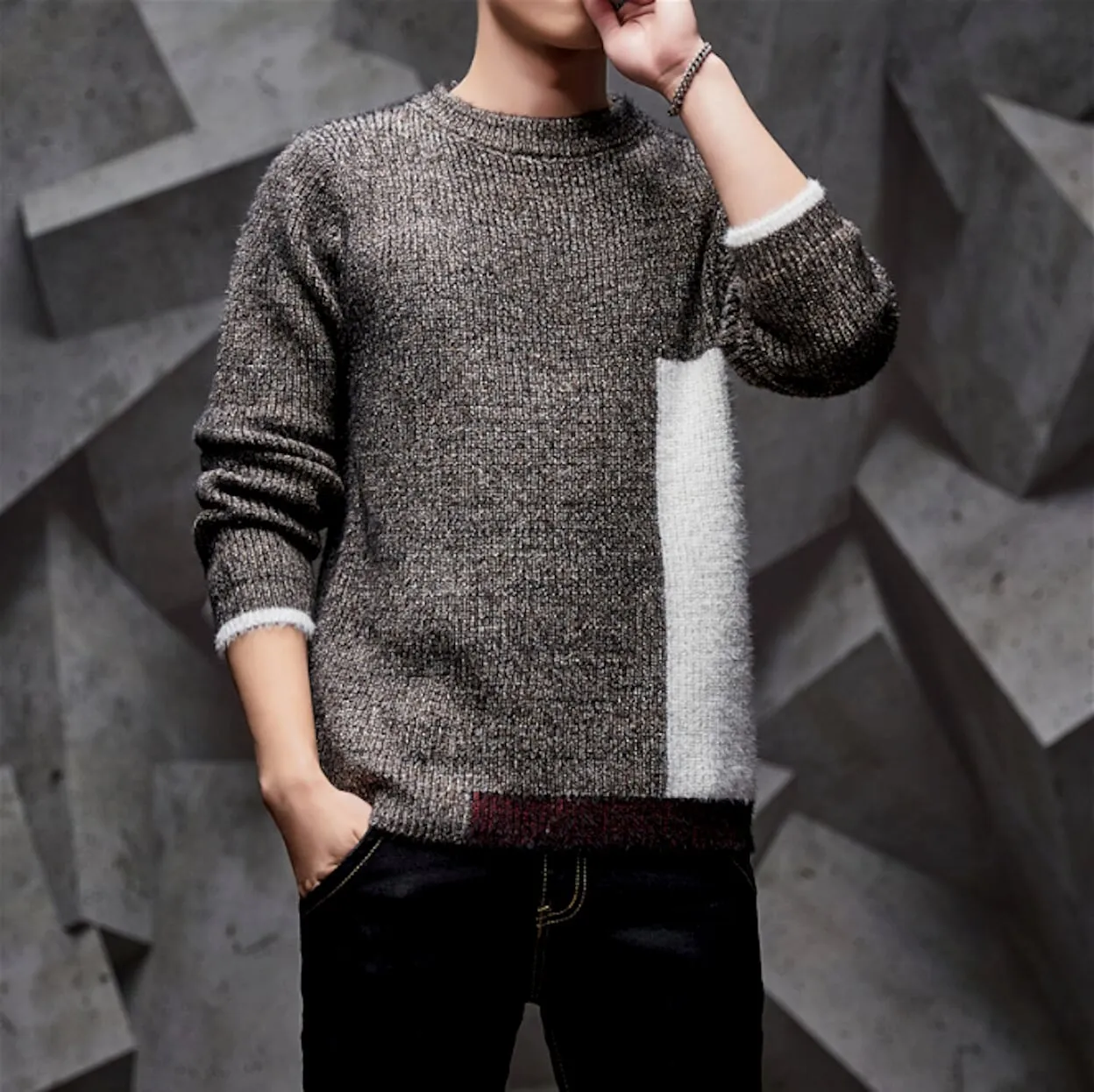 Mens Round Neck Color Block Sweater