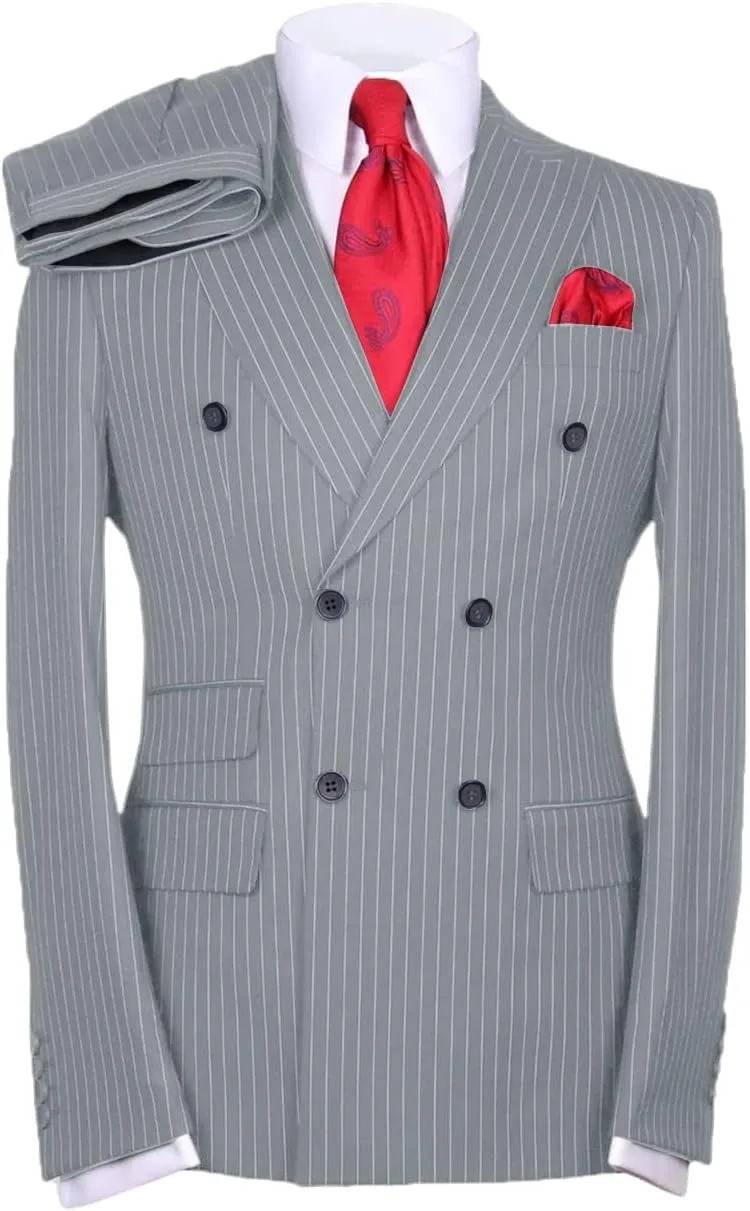 Men's Suits Slim Fit 2 Pieces Double Breasted Pinstripe Prom Tuxedos Business Blazer Pants Working Jacket