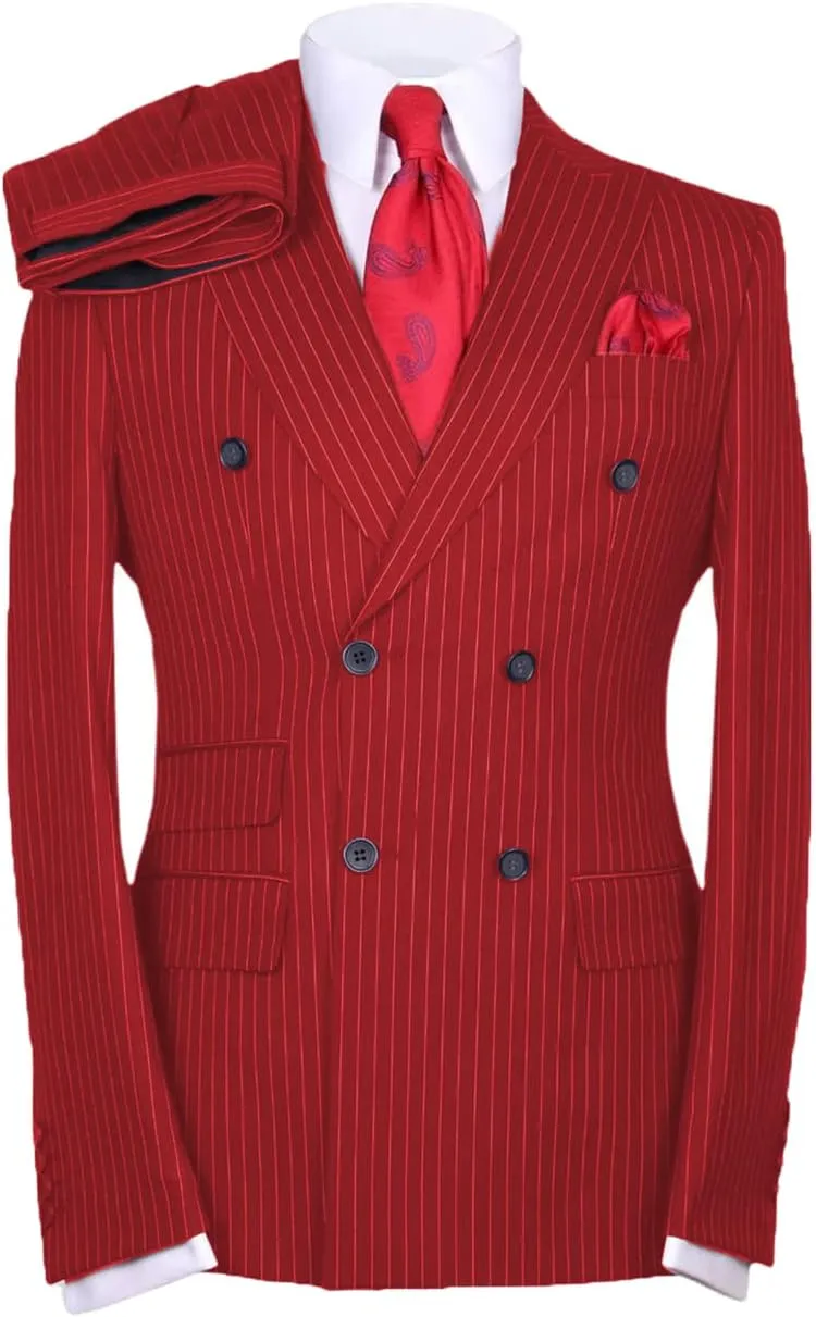 Men's Suits Slim Fit 2 Pieces Double Breasted Pinstripe Prom Tuxedos Business Blazer Pants Working Jacket