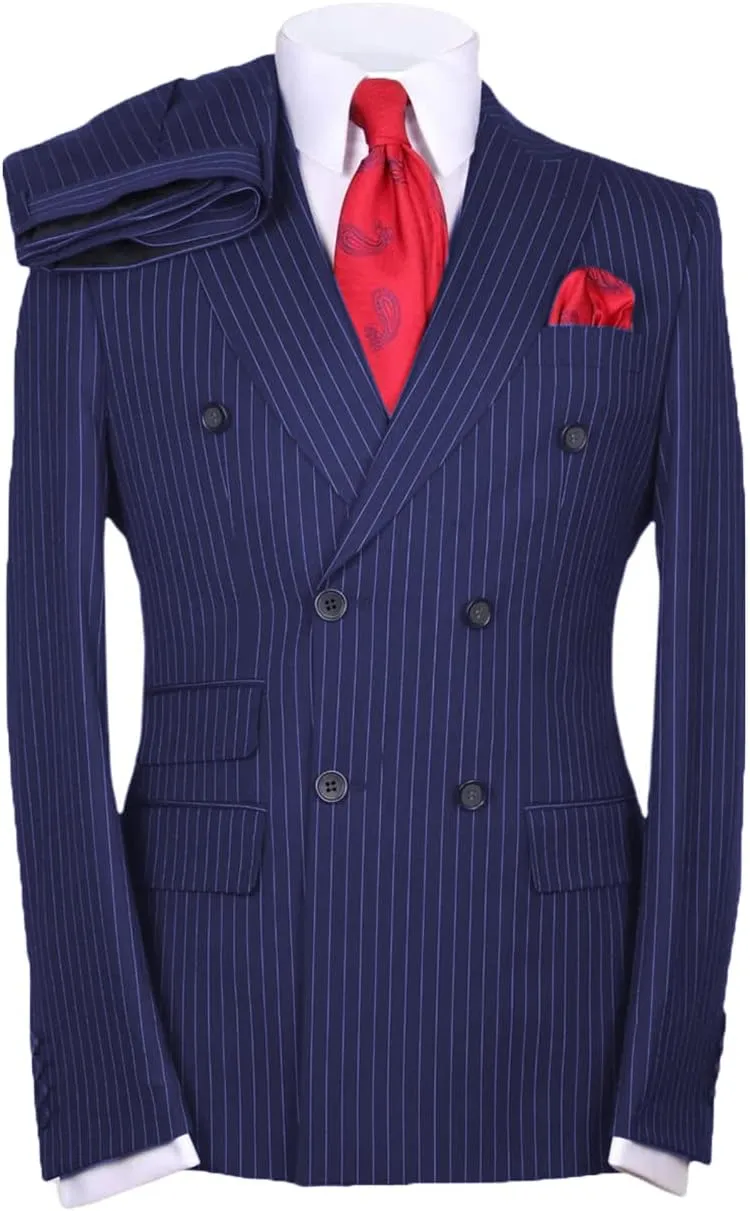 Men's Suits Slim Fit 2 Pieces Double Breasted Pinstripe Prom Tuxedos Business Blazer Pants Working Jacket