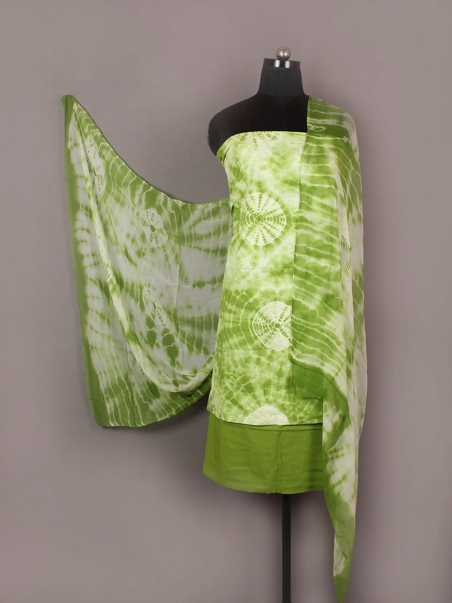 Moss Green Ivory Hand Shibori Dyed Cotton Suit-Salwar Fabric With Chiffon Dupatta - S1628178