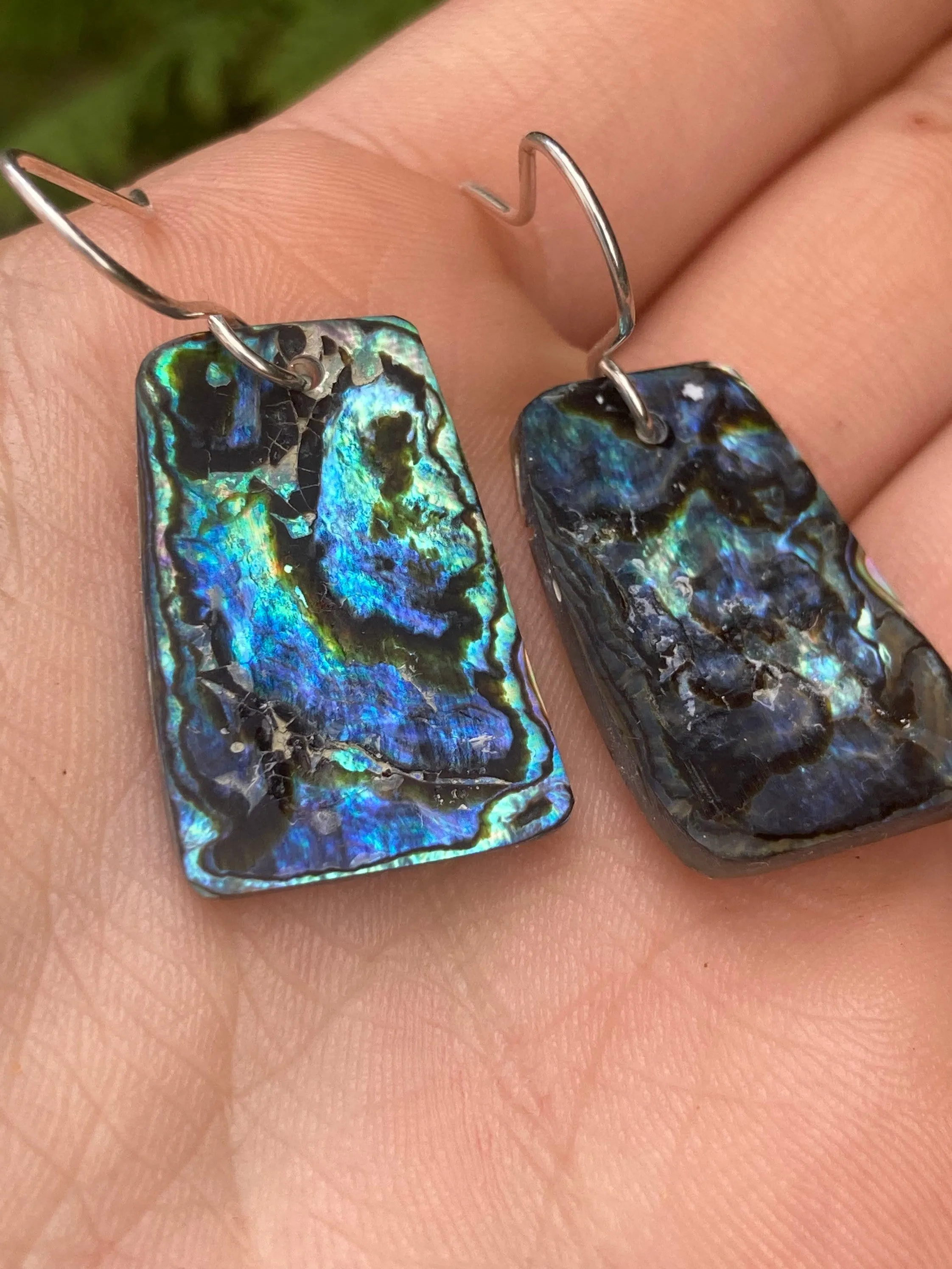 MYSTERIOUS, swirl design naturally Iridescent Abalone sea trapezoid earrings oceanic coral reef