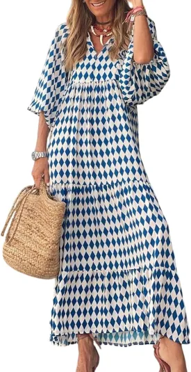 NBXNZWF Boho Maxi Dresses for Women Casual Loose Long Sleeve Flowy Beach Dress Puff Sleeve V Neck Pleated Vacation Dresses