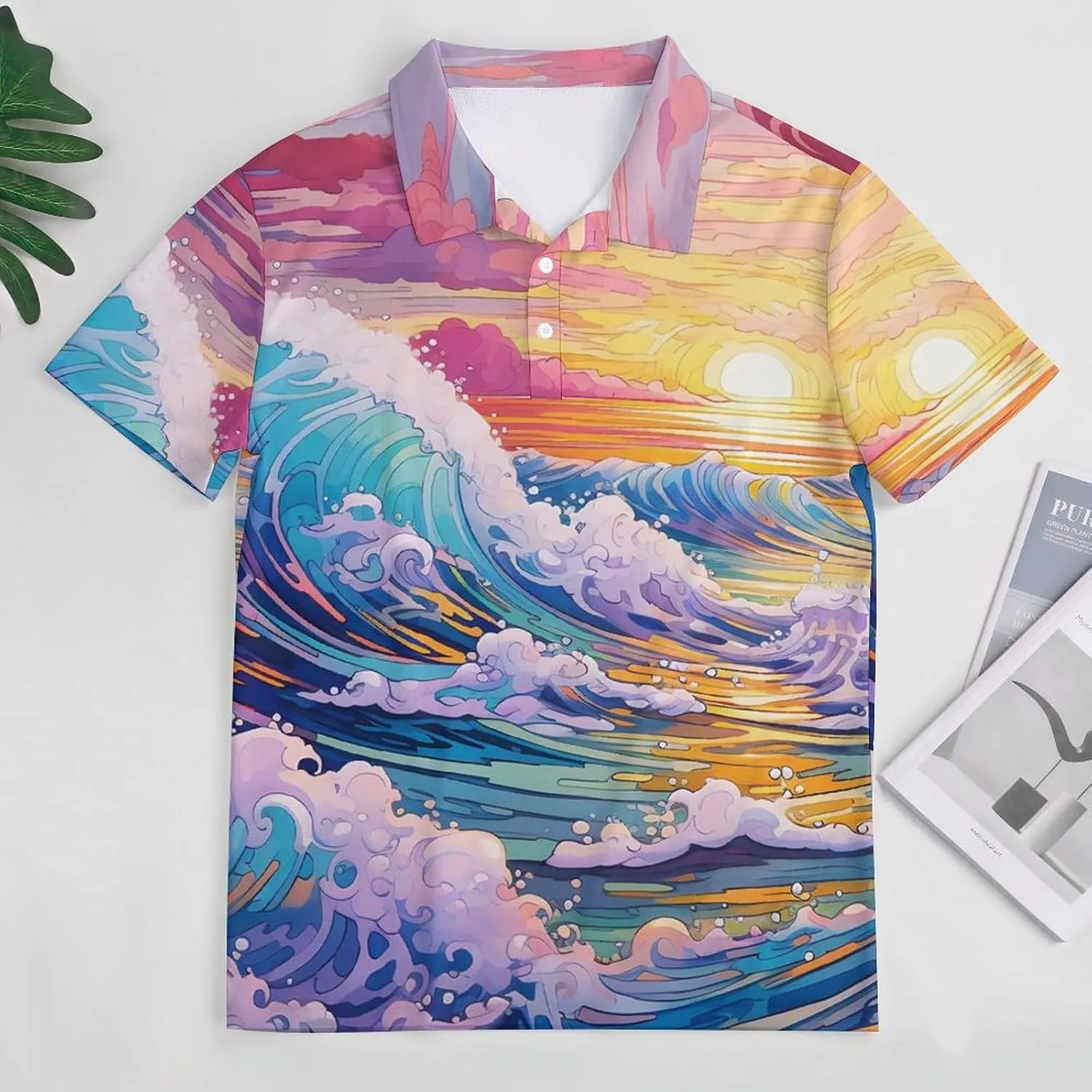Ocean Wave Paintings Women's Polo Shirts Short Sleeve T-Shirt Button Down Golf Shirt Causal Tee Top