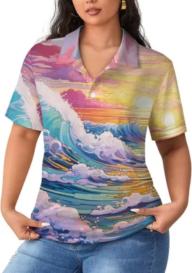 Ocean Wave Paintings Women's Polo Shirts Short Sleeve T-Shirt Button Down Golf Shirt Causal Tee Top