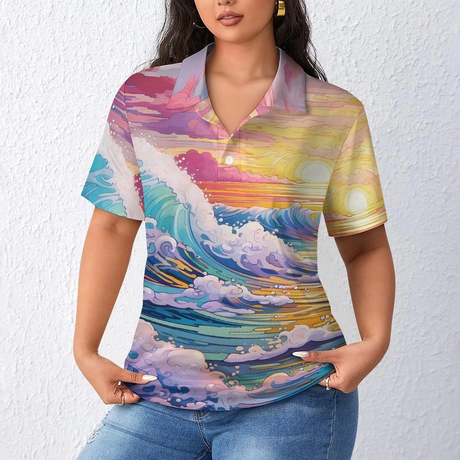 Ocean Wave Paintings Women's Polo Shirts Short Sleeve T-Shirt Button Down Golf Shirt Causal Tee Top