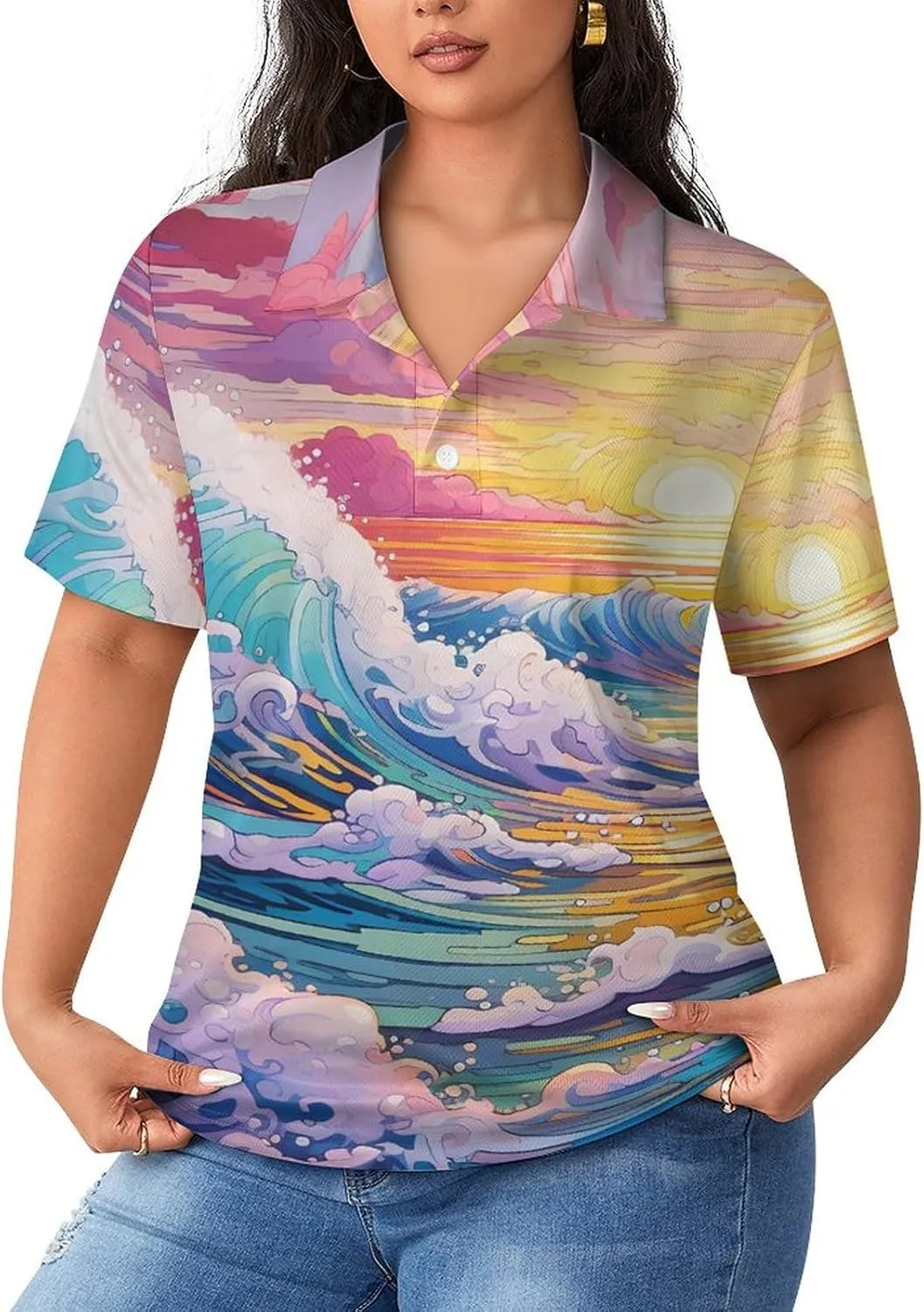Ocean Wave Paintings Women's Polo Shirts Short Sleeve T-Shirt Button Down Golf Shirt Causal Tee Top