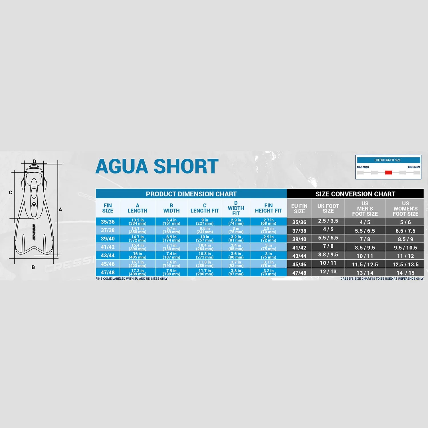 Open Box Cressi Agua Short Swim Full Foot Fins - 43/44