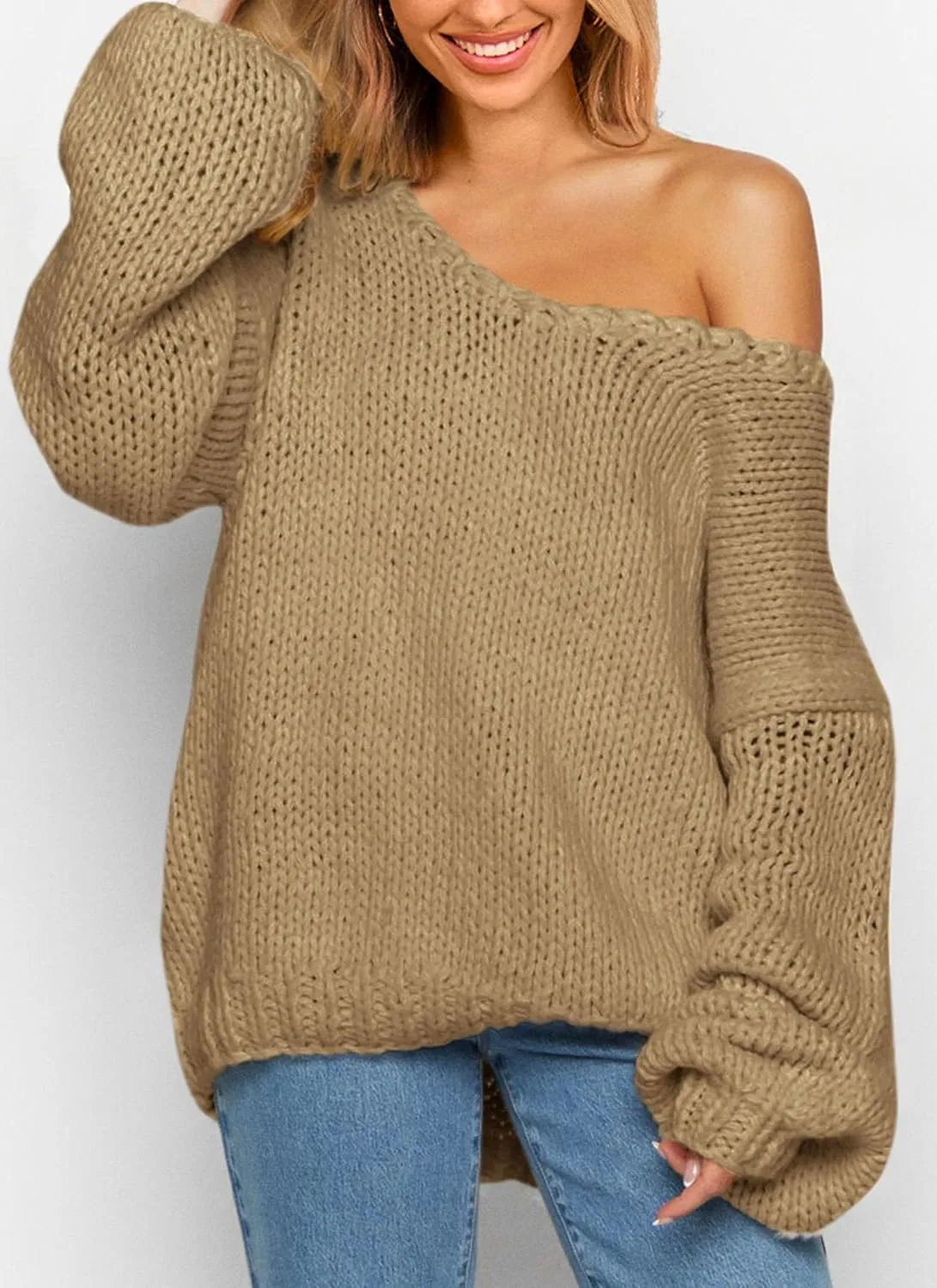 PRETTYGARDEN Women's Fall Oversized Sweaters Long Sleeve V Neck Dressy Casual Chunky Knit Loose Pullover Tops Winter Clothing