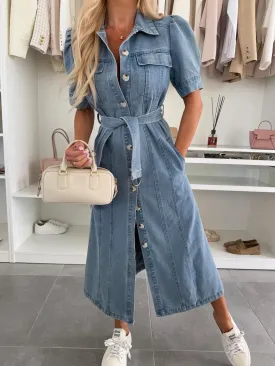 Ru Sweet Women's Summer Belted Button Down Denim Shirt Dress Business Casual Short Sleeve Jean Dress with Pockets