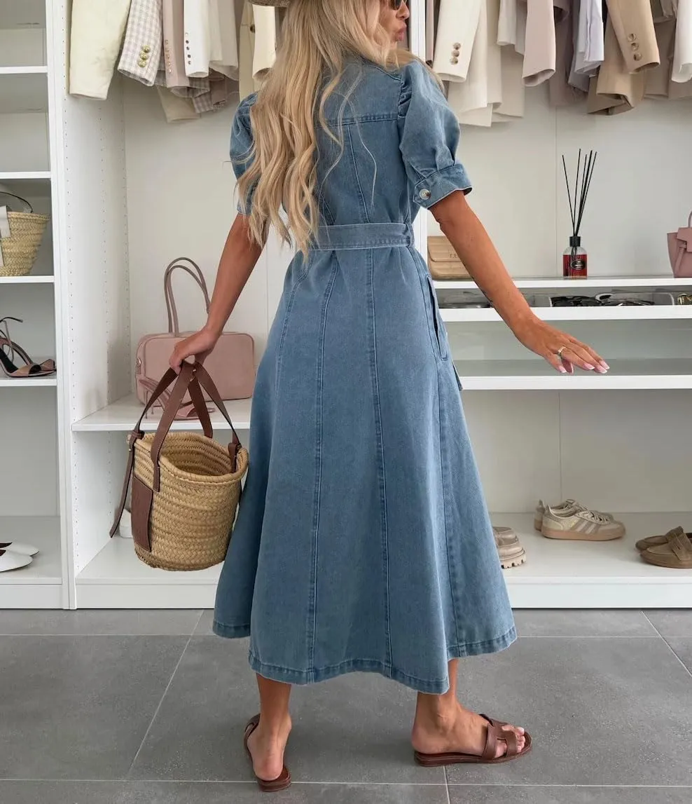 Ru Sweet Women's Summer Belted Button Down Denim Shirt Dress Business Casual Short Sleeve Jean Dress with Pockets