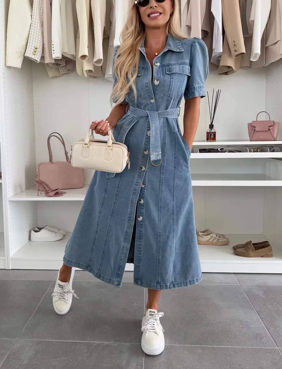 Ru Sweet Women's Summer Belted Button Down Denim Shirt Dress Business Casual Short Sleeve Jean Dress with Pockets