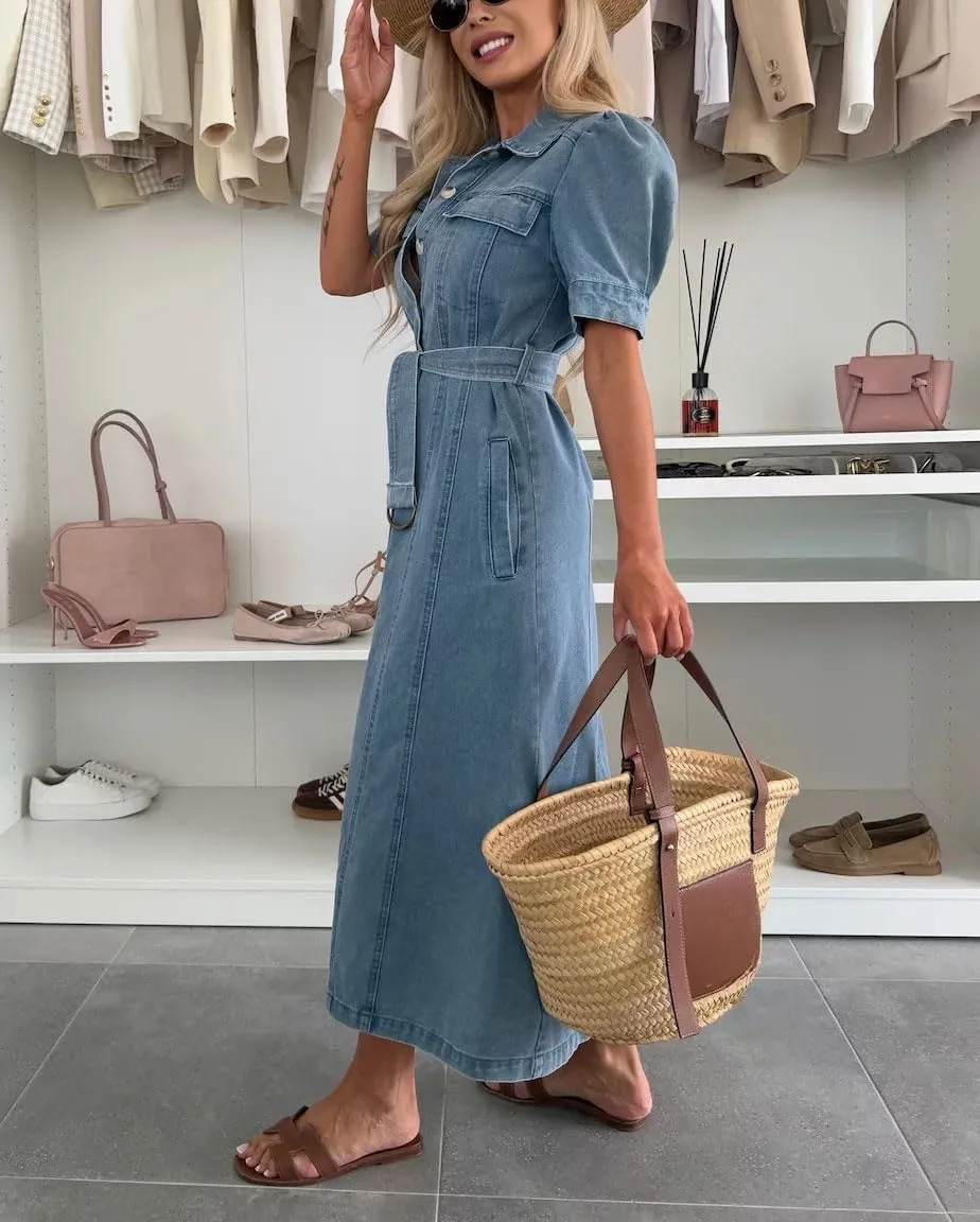 Ru Sweet Women's Summer Belted Button Down Denim Shirt Dress Business Casual Short Sleeve Jean Dress with Pockets