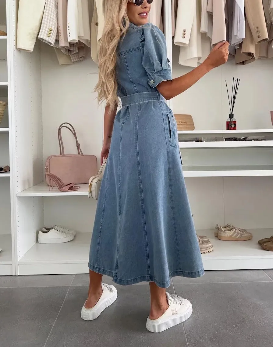 Ru Sweet Women's Summer Belted Button Down Denim Shirt Dress Business Casual Short Sleeve Jean Dress with Pockets
