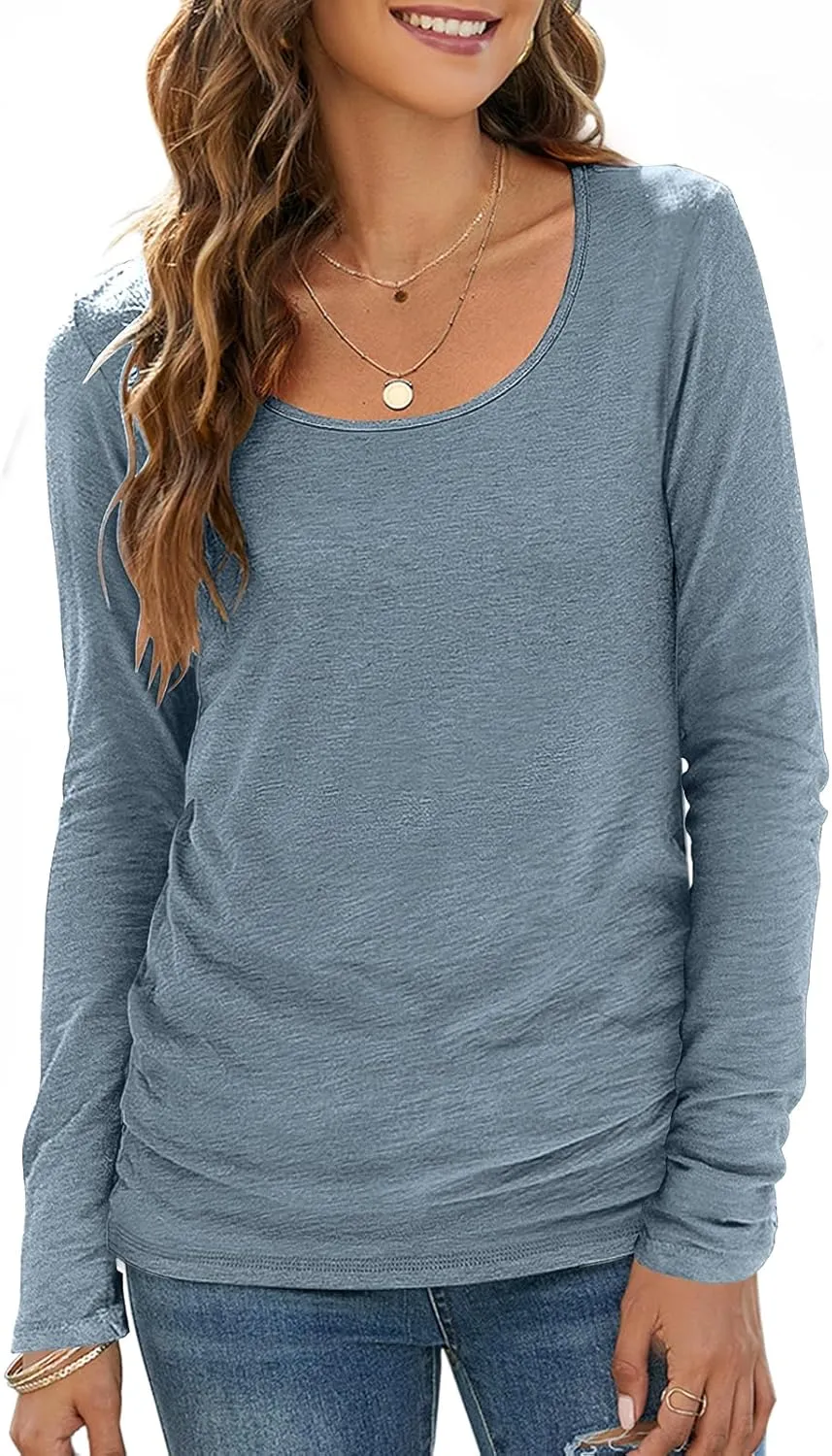 Sherosa Women's T-Shirts Long/Short Sleeve Scoop Neck Casual Tops Soft Solid Basic Tee Blouses