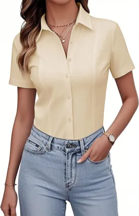 siliteelon Women's Button Down Shirts Slim fit Short Sleeve Stretch Dress Shirts Wrinkle-Free Solid Work Blouse