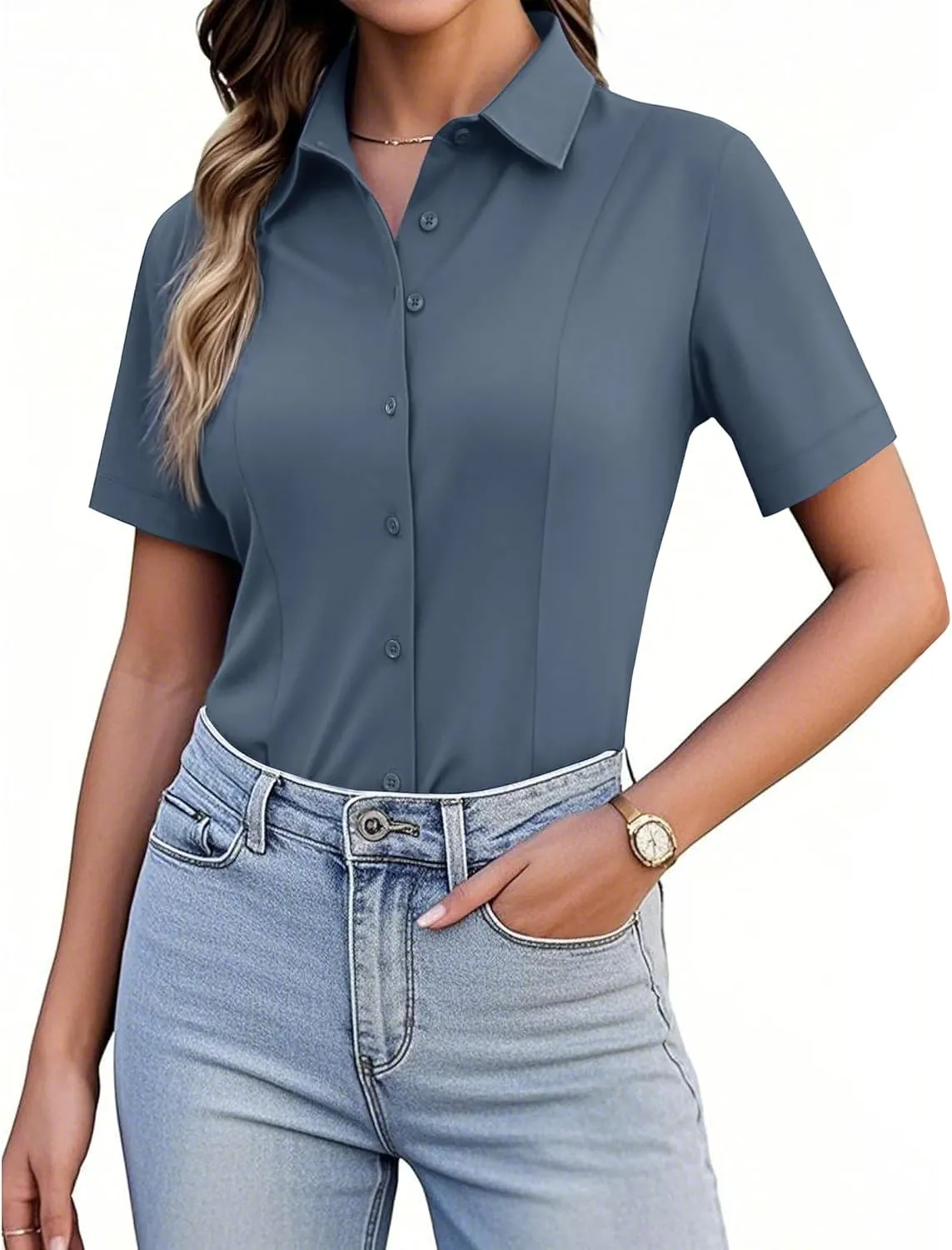 siliteelon Women's Button Down Shirts Slim fit Short Sleeve Stretch Dress Shirts Wrinkle-Free Solid Work Blouse