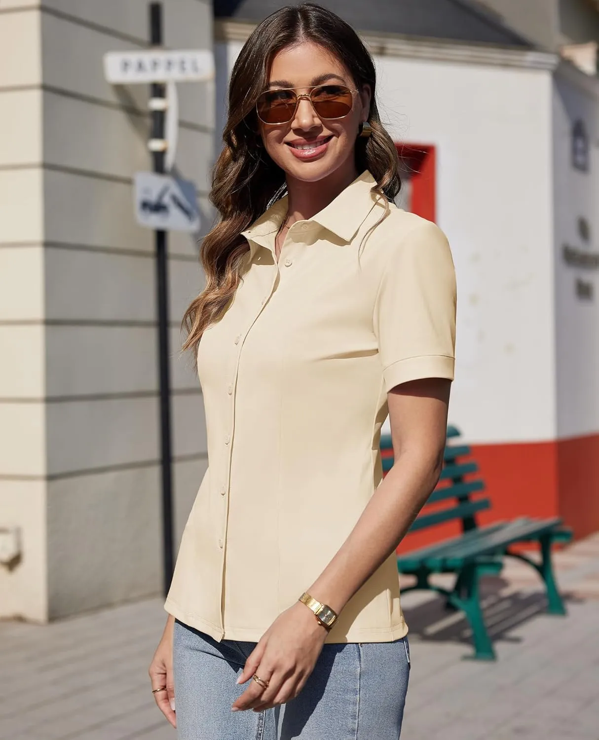 siliteelon Women's Button Down Shirts Slim fit Short Sleeve Stretch Dress Shirts Wrinkle-Free Solid Work Blouse