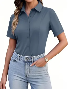 siliteelon Women's Button Down Shirts Slim fit Short Sleeve Stretch Dress Shirts Wrinkle-Free Solid Work Blouse