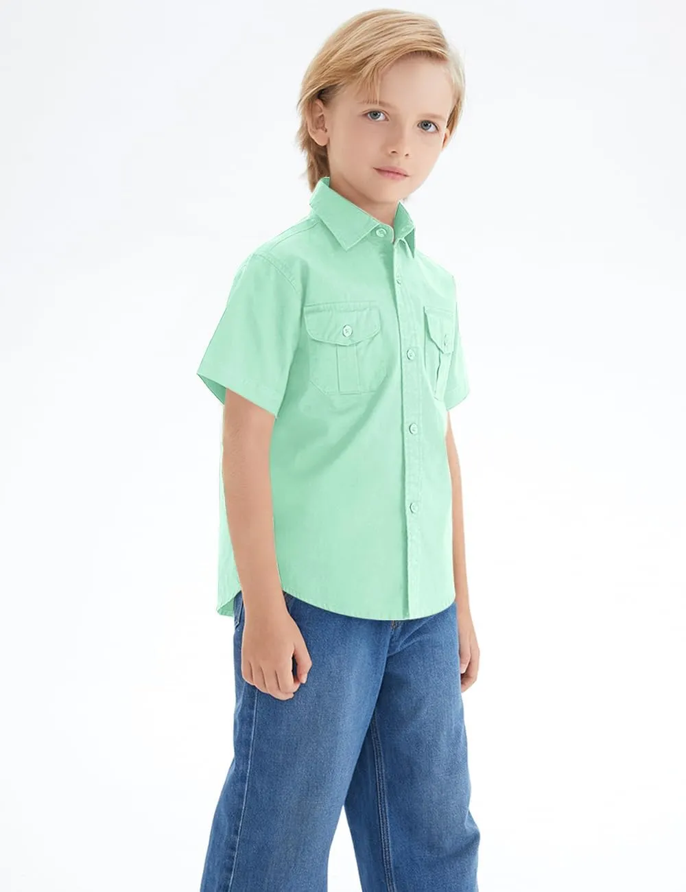 Spring&Gege Boys' Short Sleeve Button Down Shirts for Kids Woven Solid with Two Pockets