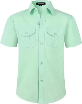 Spring&Gege Boys' Short Sleeve Button Down Shirts for Kids Woven Solid with Two Pockets