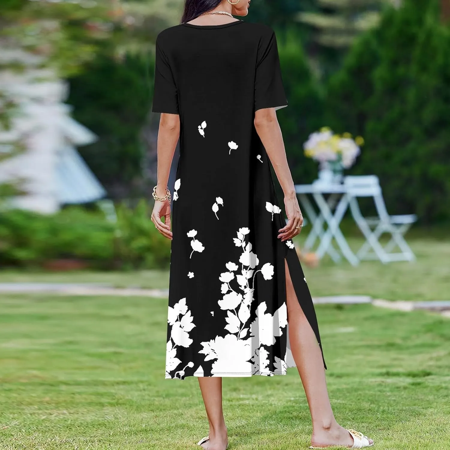 Summer Dresses for Women 2025 Beach Vacation Spring Clothes Short Sleeve Round Neck Maxi Dresses