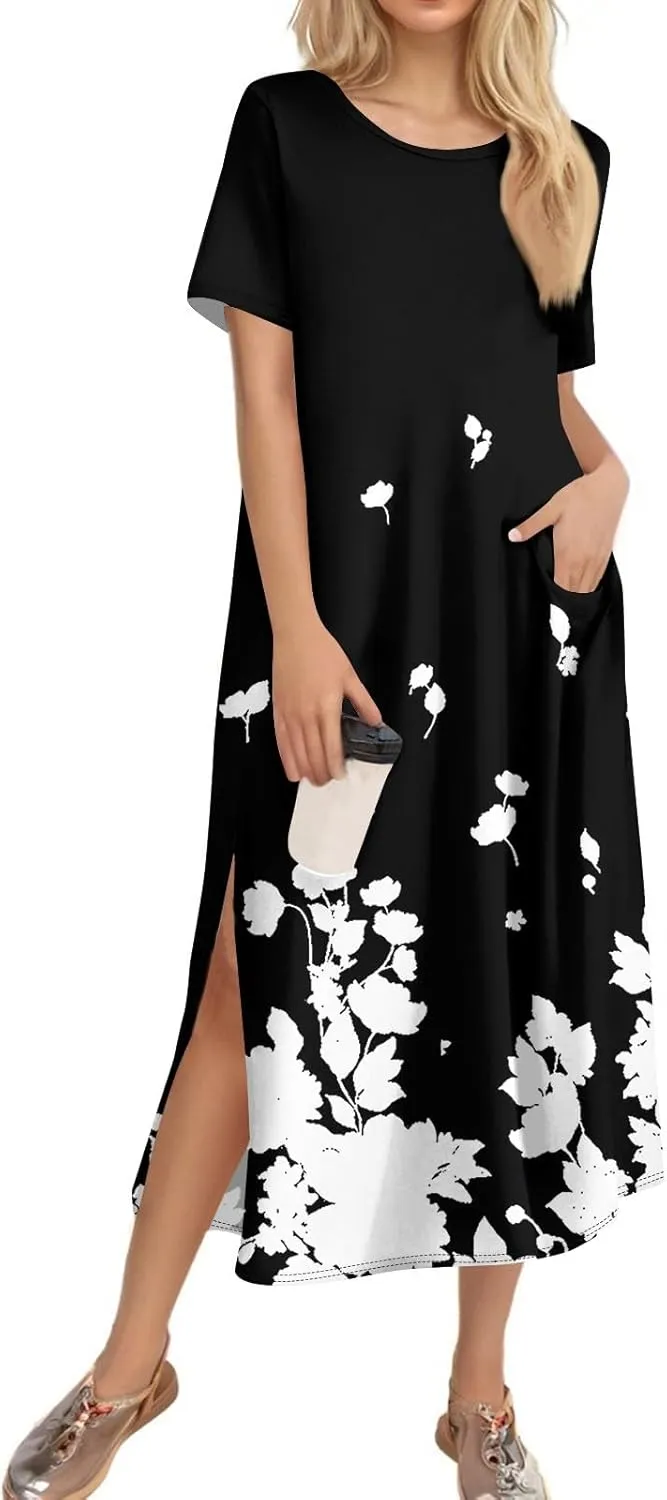 Summer Dresses for Women 2025 Beach Vacation Spring Clothes Short Sleeve Round Neck Maxi Dresses