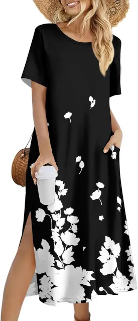 Summer Dresses for Women 2025 Beach Vacation Spring Clothes Short Sleeve Round Neck Maxi Dresses