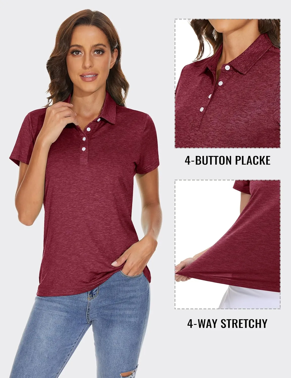 TACVASEN Polo Shirts for Women Short Sleeve Golf Shirts 4-Button Quick Dry Workout Tops Collared for Work Running Tennis