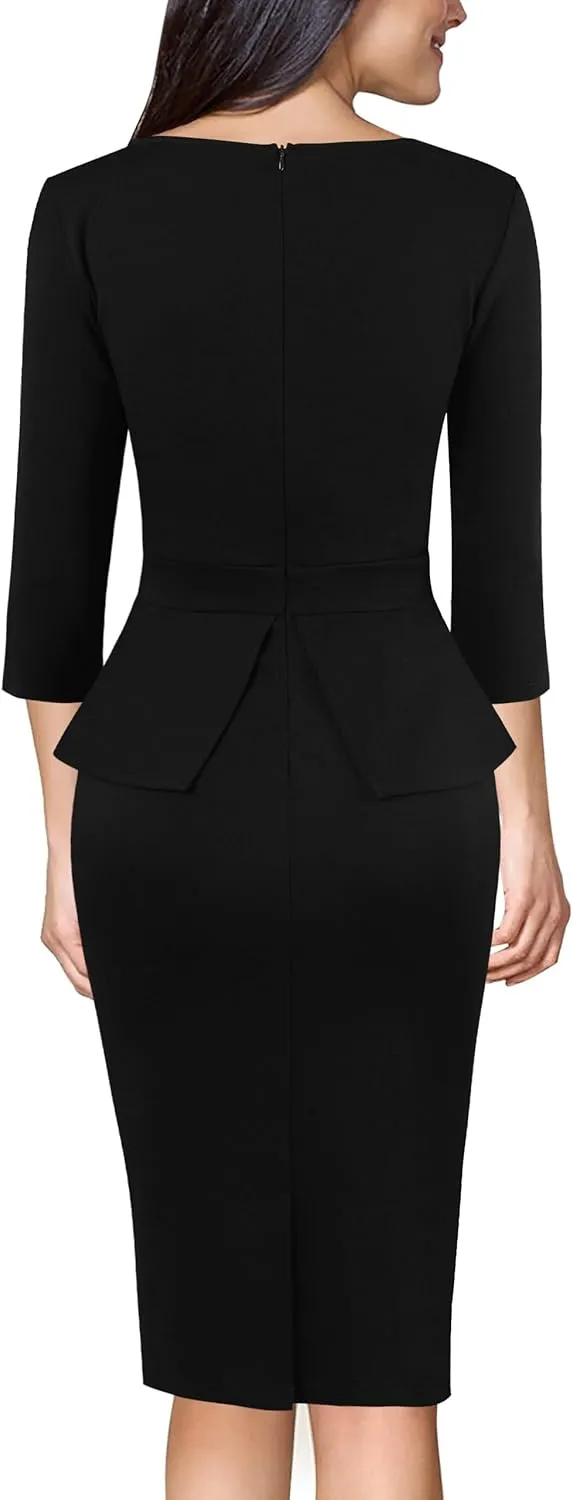 VFSHOW Womens Wear to Work Front Zipper Peplum Business Office Church Pencil Sheath Dress