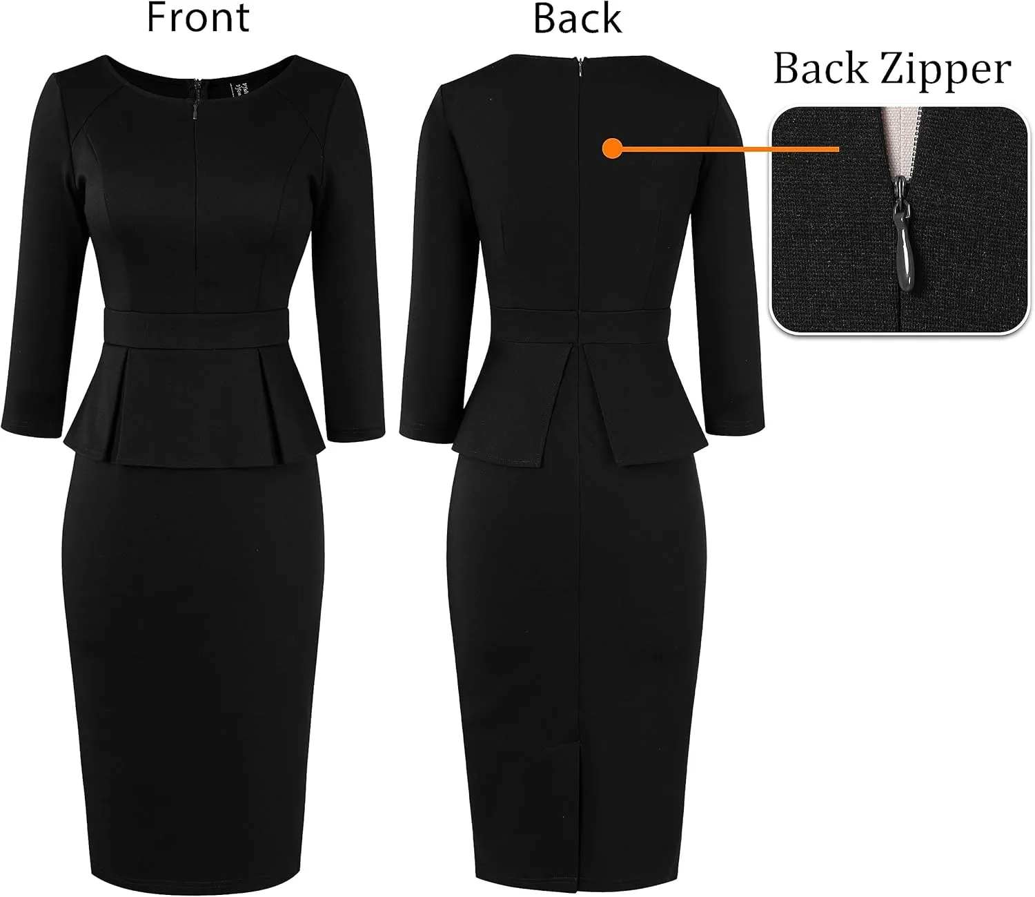 VFSHOW Womens Wear to Work Front Zipper Peplum Business Office Church Pencil Sheath Dress