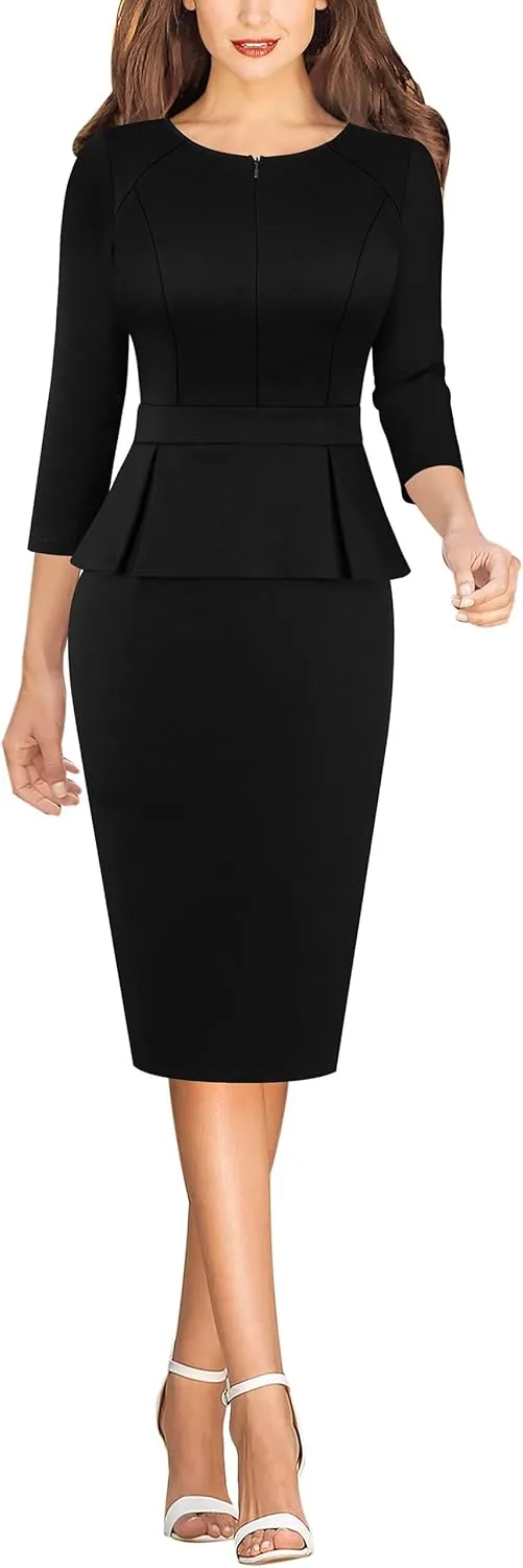 VFSHOW Womens Wear to Work Front Zipper Peplum Business Office Church Pencil Sheath Dress