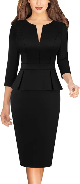 VFSHOW Womens Wear to Work Front Zipper Peplum Business Office Church Pencil Sheath Dress