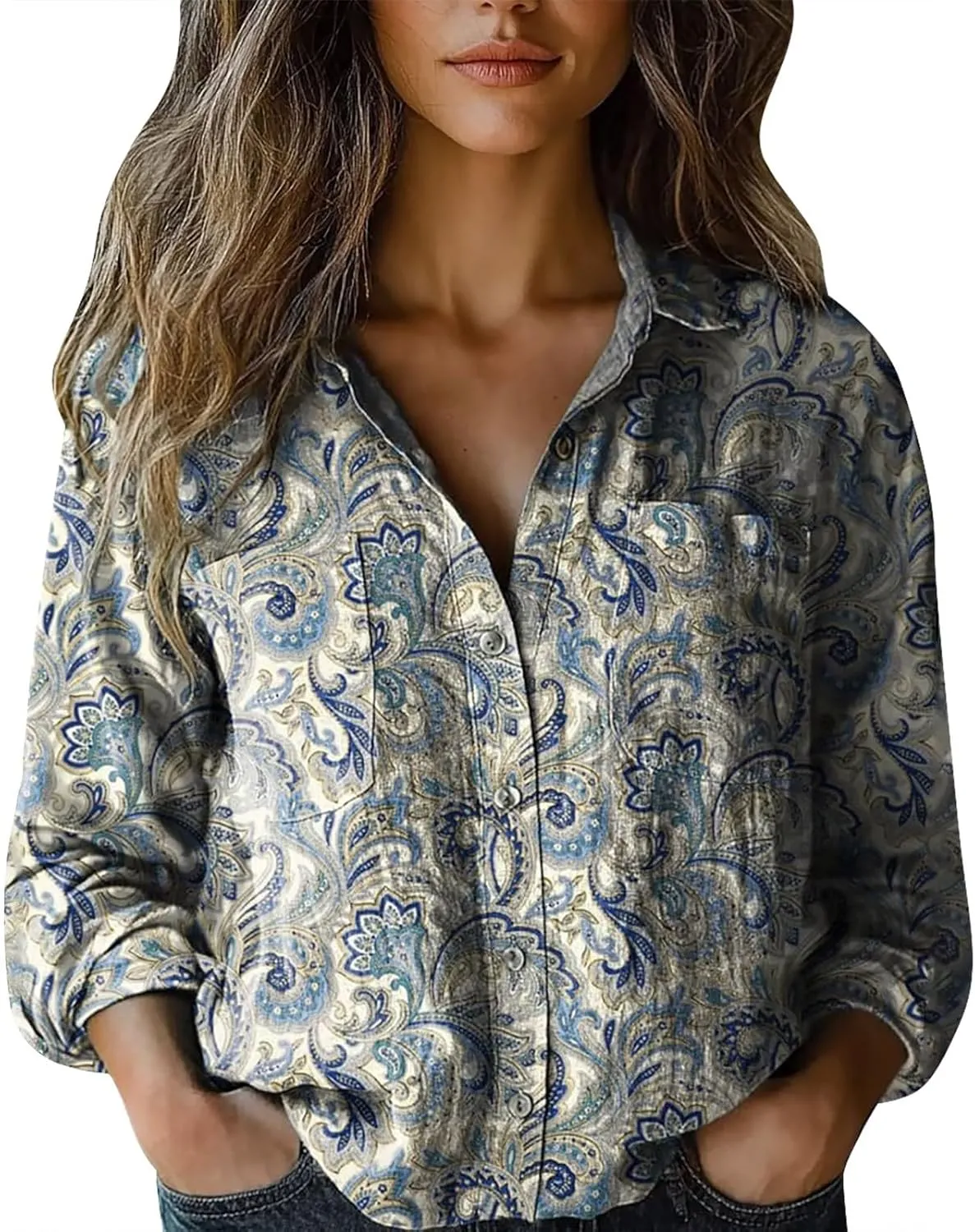 Vintage Boho Tops for Women Floral Print Shirt Casual Long Sleeve Button Down Blouses Dressy T-Shirts with Pocket