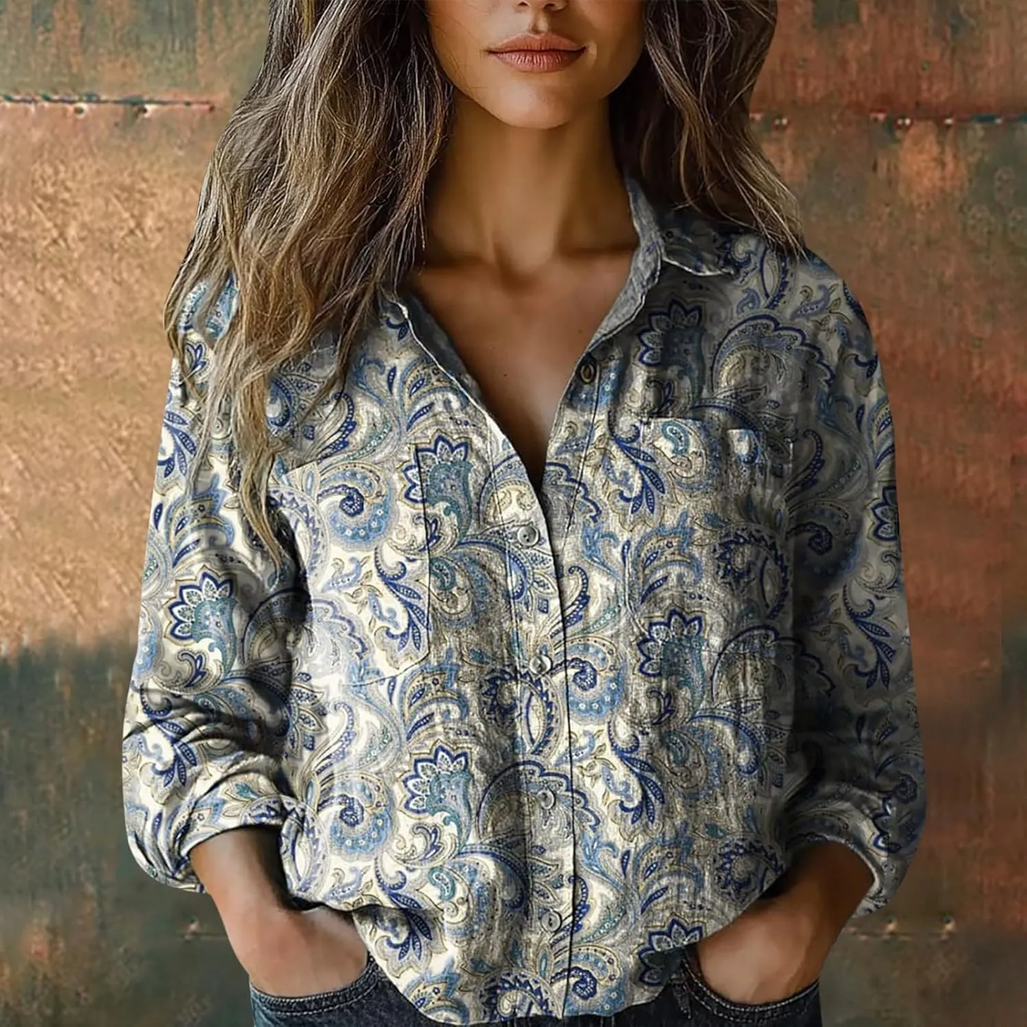 Vintage Boho Tops for Women Floral Print Shirt Casual Long Sleeve Button Down Blouses Dressy T-Shirts with Pocket