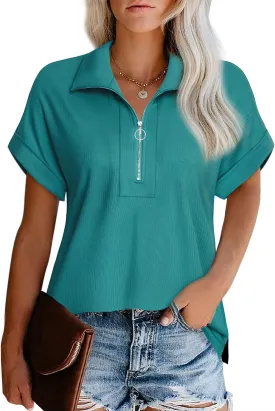 Vivilli Women's Short Sleeve Tops and Blouses Zipper Collar V Neck Business Casual Tops Loose Fit Tunic Shirt Polo Shirts