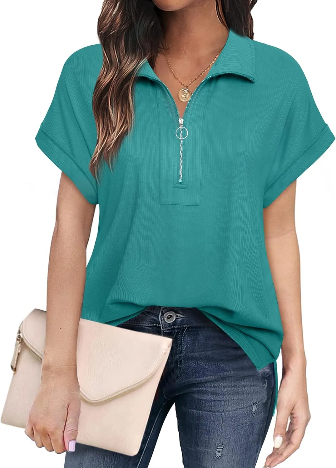Vivilli Women's Short Sleeve Tops and Blouses Zipper Collar V Neck Business Casual Tops Loose Fit Tunic Shirt Polo Shirts