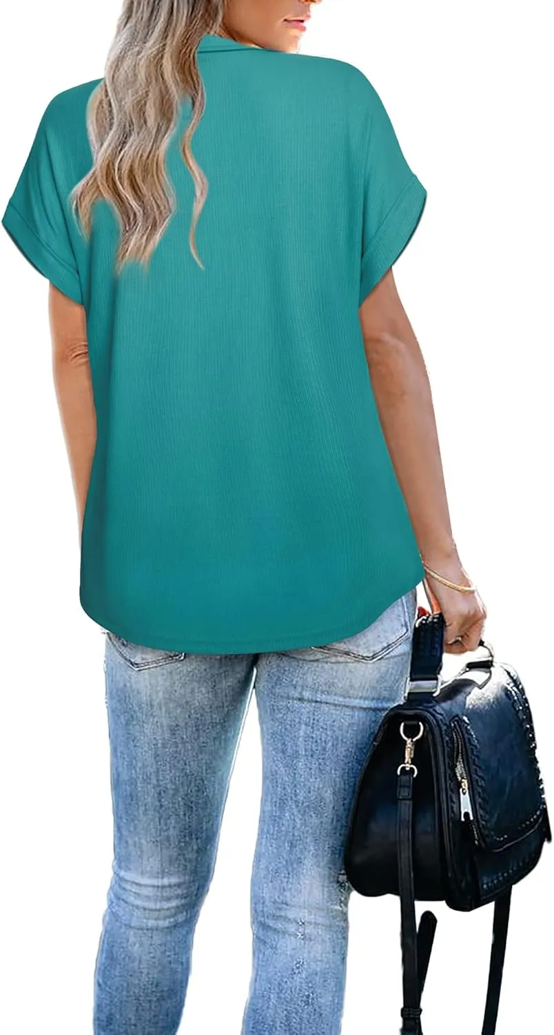Vivilli Women's Short Sleeve Tops and Blouses Zipper Collar V Neck Business Casual Tops Loose Fit Tunic Shirt Polo Shirts