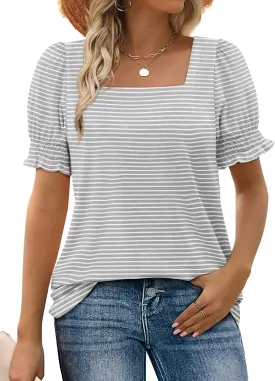 WIHOLL Tops for Women Summer Casual Ruffle Trim Sleeve Square Neck T Shirts