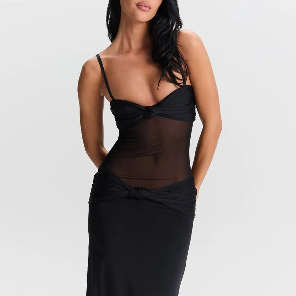 Women Sheer Maxi Dress Detachable Spaghetti Straps Knotted Twist Bodycon Long Dresses Party Cocktail Wear