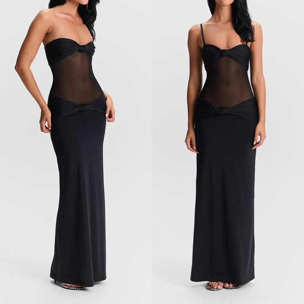 Women Sheer Maxi Dress Detachable Spaghetti Straps Knotted Twist Bodycon Long Dresses Party Cocktail Wear