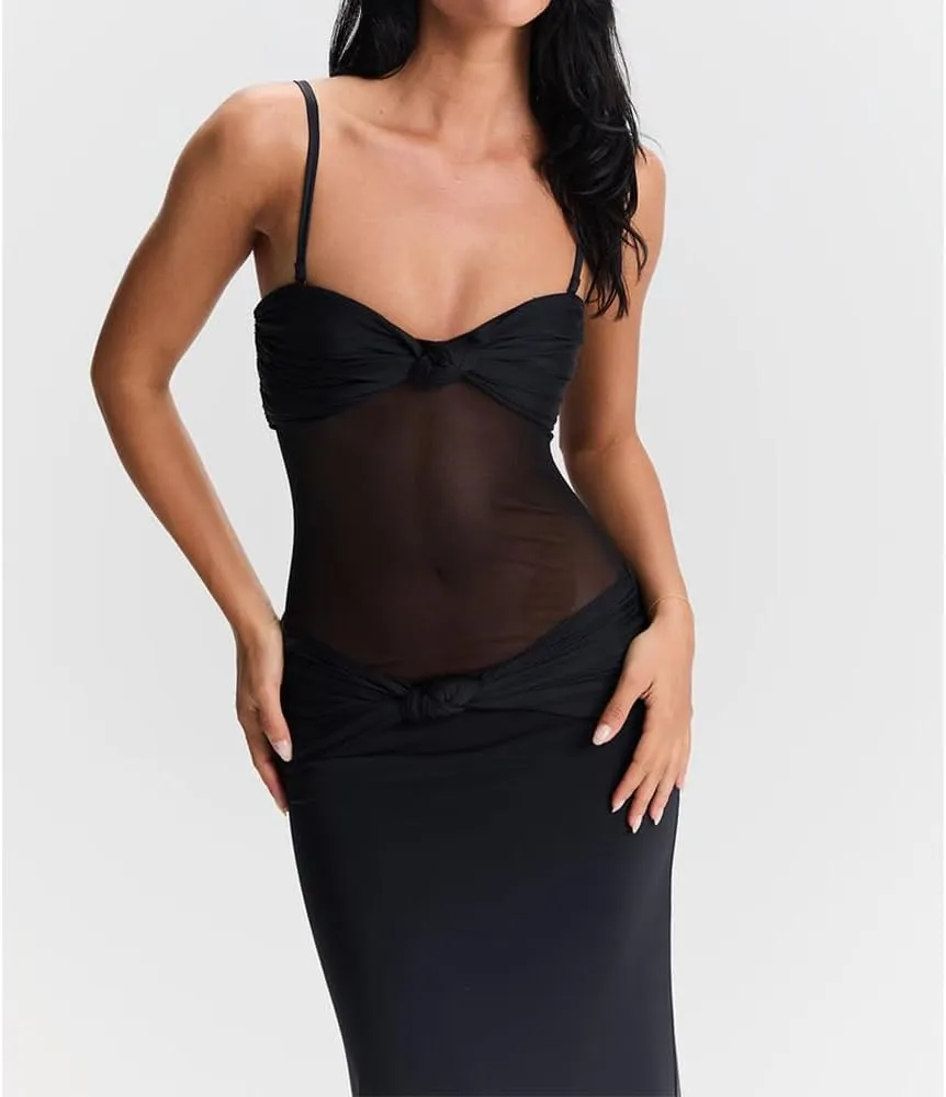 Women Sheer Maxi Dress Detachable Spaghetti Straps Knotted Twist Bodycon Long Dresses Party Cocktail Wear