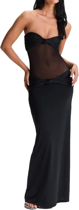 Women Sheer Maxi Dress Detachable Spaghetti Straps Knotted Twist Bodycon Long Dresses Party Cocktail Wear