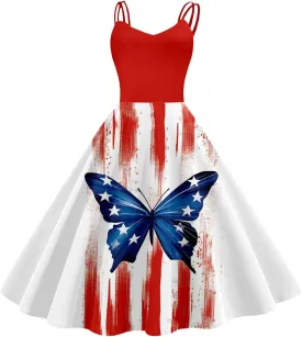 Womens American Flag Dresses USA Flag Stars Stripes Midi 4th of July Dress 50s Swing A-Line Elegant Cocktail Sundress