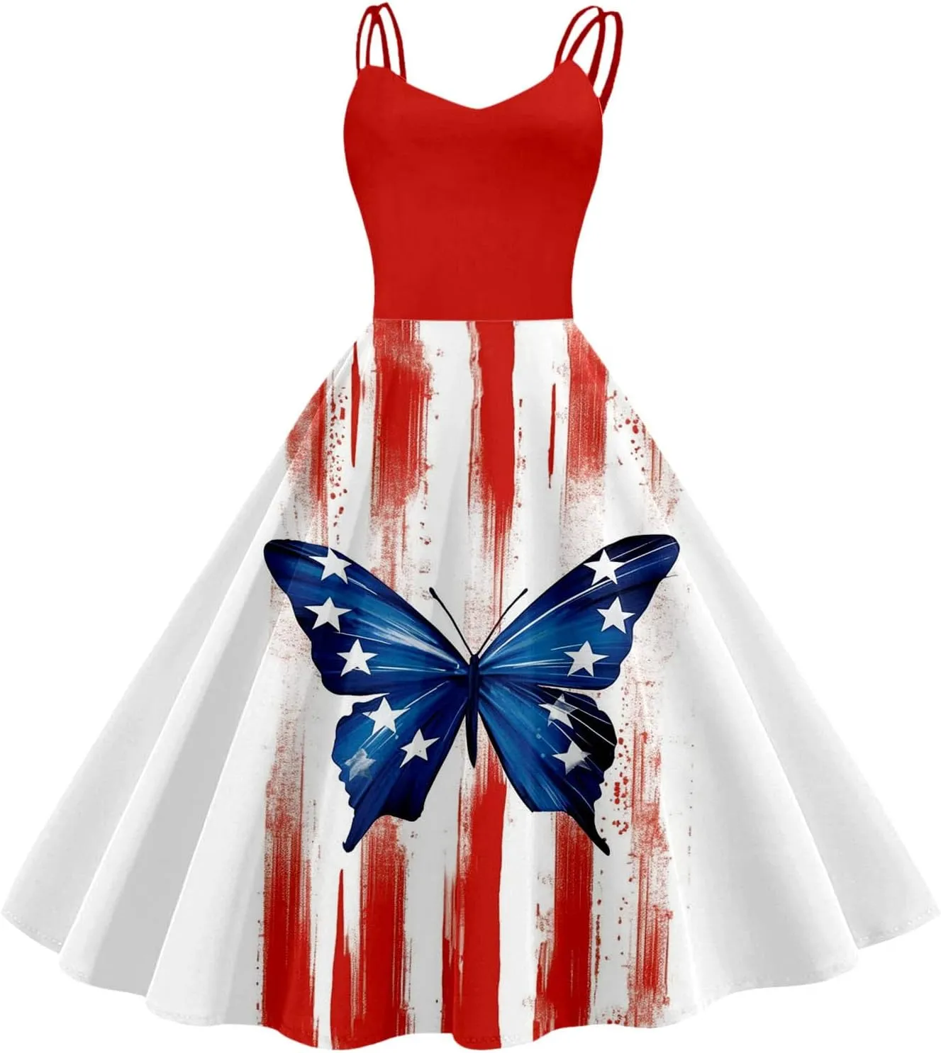 Womens American Flag Dresses USA Flag Stars Stripes Midi 4th of July Dress 50s Swing A-Line Elegant Cocktail Sundress