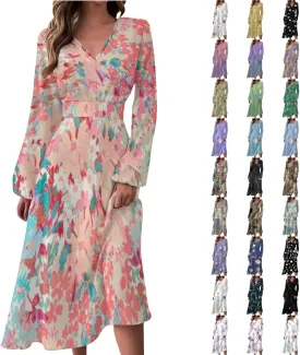 Womens Fall Dresses Long Sleeve V Neck Floral Print Wrap Maxi Dress Ruffle A-Line Flowy Long Dresses